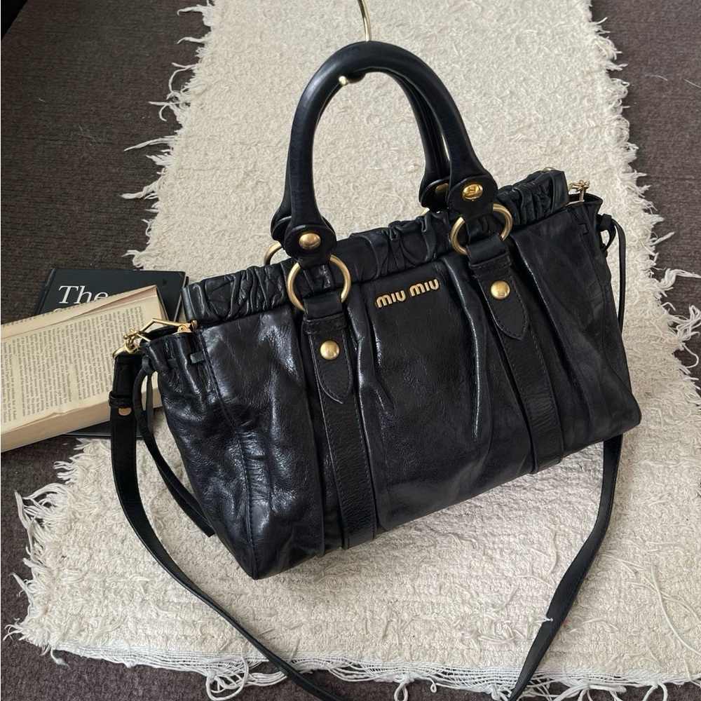 Miu Miu Vitello Lux 2 Way Black Leather Satchel with Gold Accents